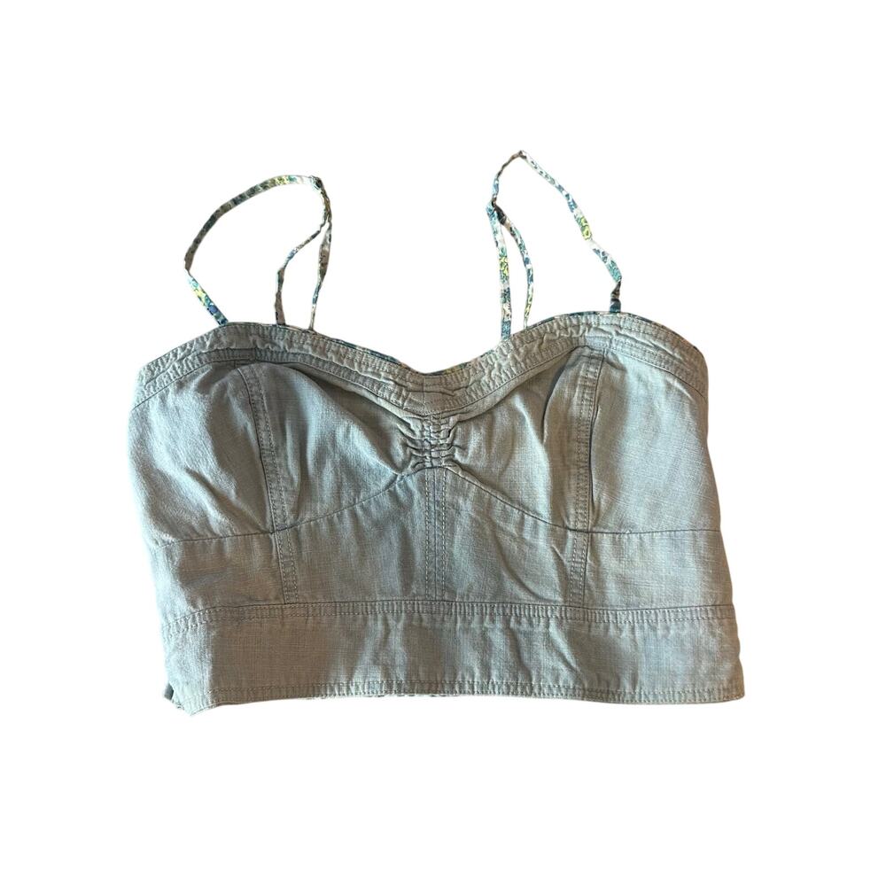 American Eagle Light Wash Denim Crop Top Bustier Size XS/S Ruched Floral Cottage